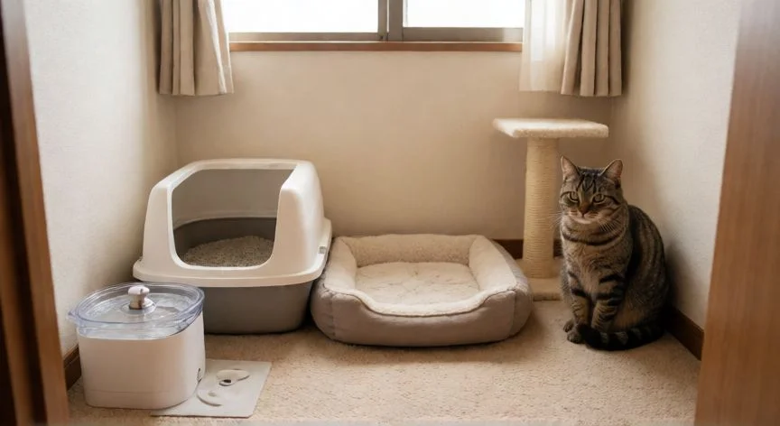 Habitación preparada para la cuarentena inicial de un gato nuevo