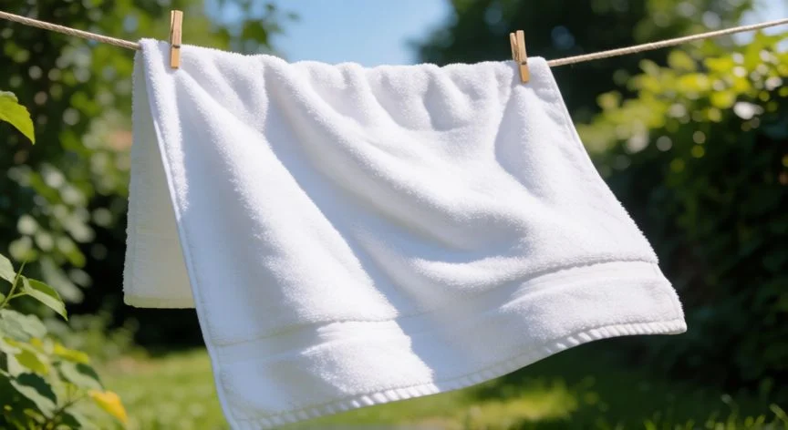 como hacer que un paño nuevo seque, Toalla blanca esponjosa secándose en una cuerda de tender al sol en un jardín