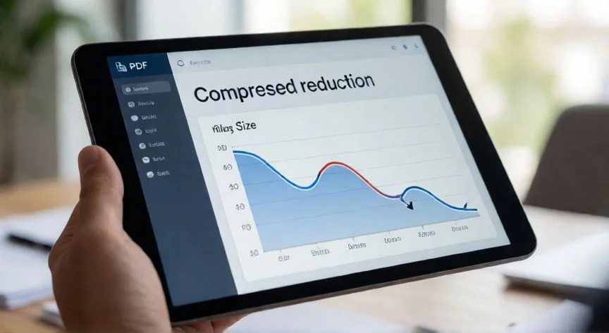 Mano sosteniendo una tableta mostrando la reducción de tamaño de un archivo PDF