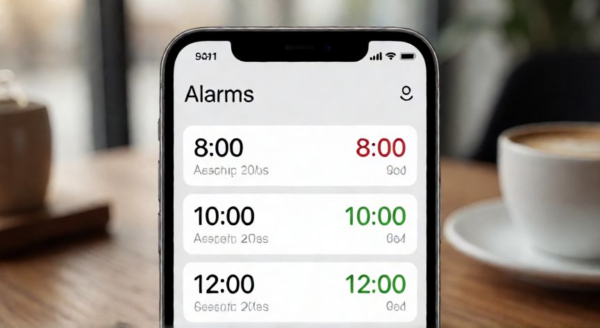 como hacer que una alarma suene cada 2 horas, Pantalla de teléfono móvil mostrando varias alarmas programadas en la aplicación de reloj