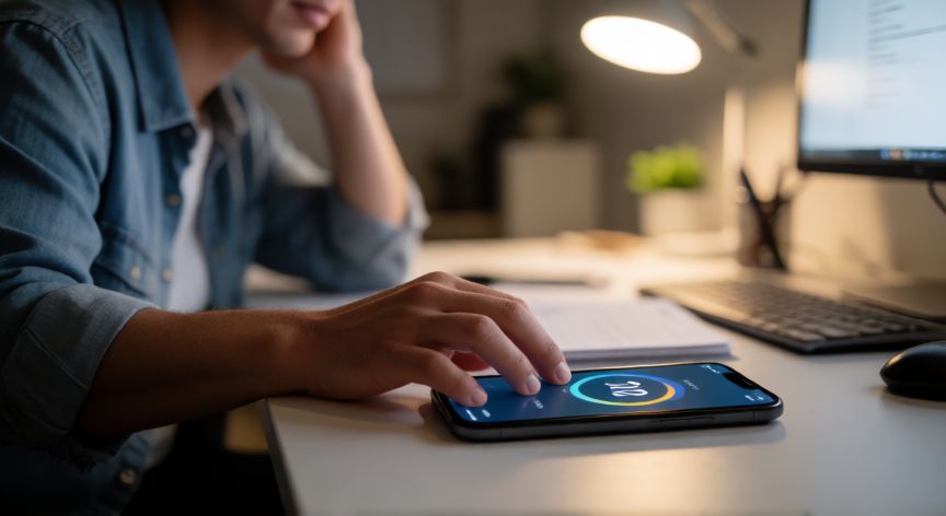 como hacer que una alarma suene cada 2 horas, Persona trabajando con un móvil en la mesa mostrando una aplicación de temporizador