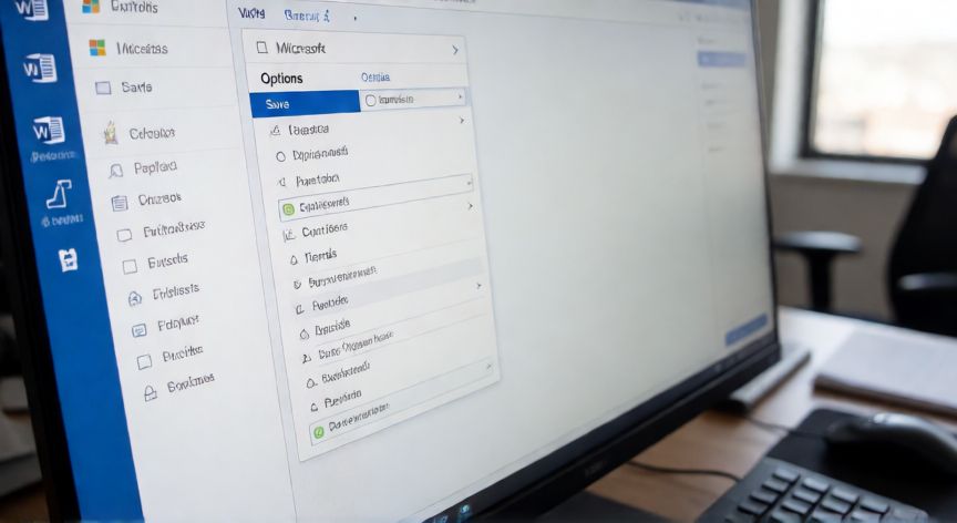 como hacer que word guarde cada 5 minutos, Pantalla de ordenador mostrando la configuración de opciones de guardado en Microsoft Word