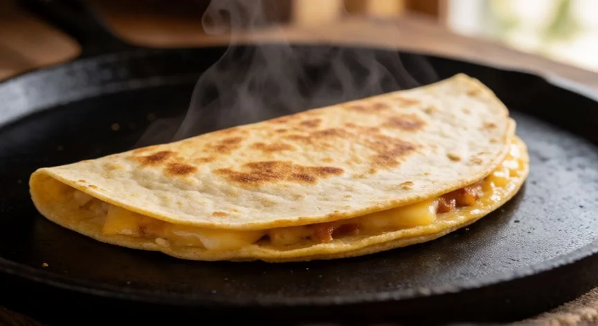 Quesadilla de maíz dorándose en un comal de hierro fundido con vapor subiendo
