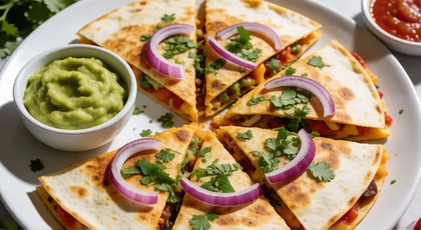 como hacer quesadillas, Quesadillas cortadas en triángulos servidas con guacamole y salsa roja sobre un plato blanco
