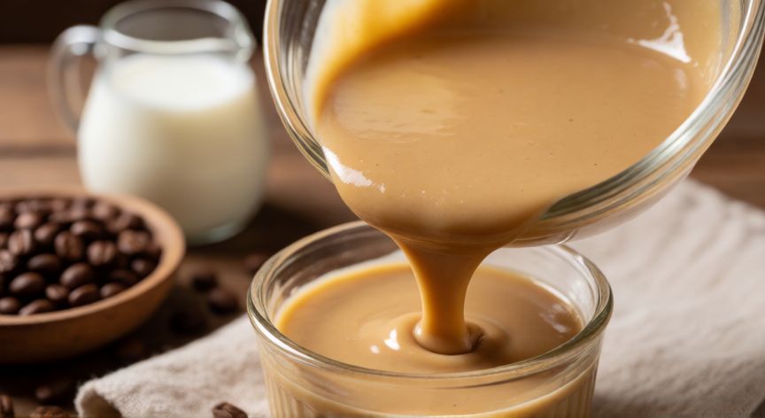 como hacer quesillo de cafe, Mezcla líquida de quesillo de café siendo vertida en un molde