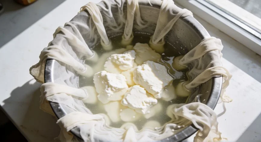 como hacer queso cottage, Proceso de drenado del queso cottage en tela sobre un recipiente con suero