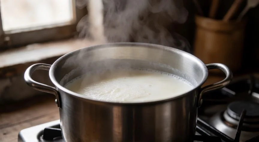 Leche caliente en olla preparada para coagular con vinagre