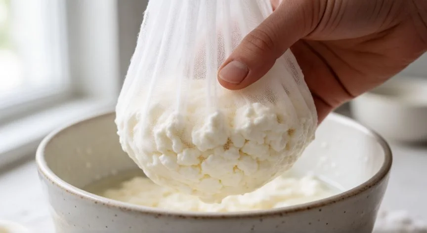como hacer queso fresco en casa, Manos prensando queso fresco en tela para escurrir el suero