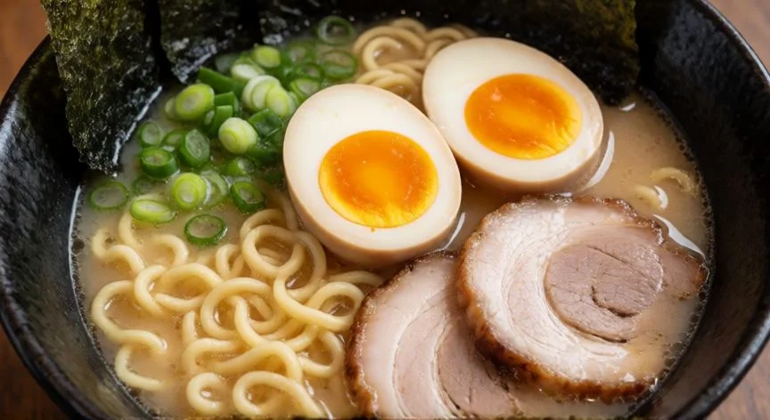 como hacer ramen, Manos montando un cuenco de ramen casero paso a paso en cocina