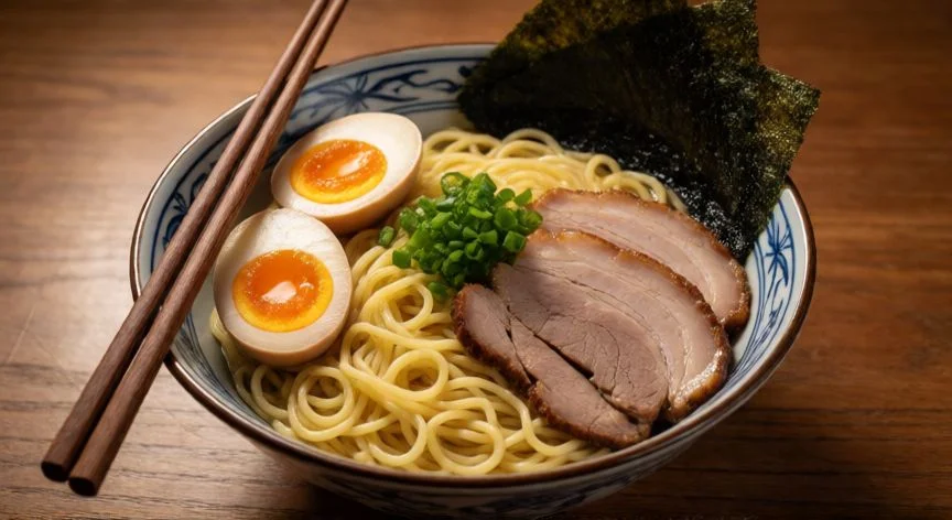 como hacer ramen en casa, Ramen completo con huevo marinado y cerdo chashu visto desde arriba