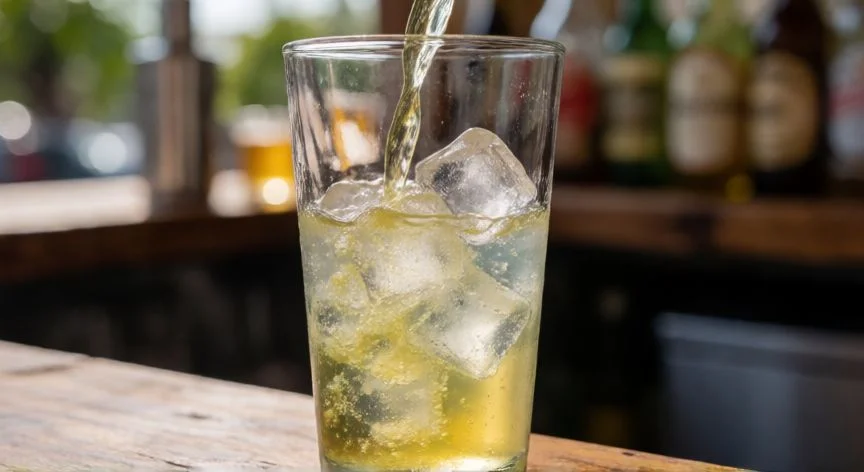 Jarra de rebujito con hielo, hierbabuena y rodajas de limón en caseta andaluza