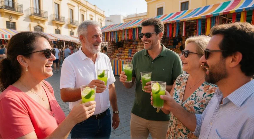 como hacer rebujito, Vaso de rebujito burbujeante con hierbabuena y limón junto a tapas andaluzas