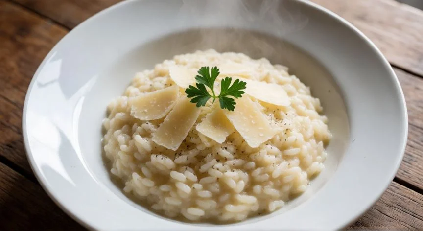 como hacer risotto, Risotto cremoso terminado espolvoreado con parmesano en un plato blanco