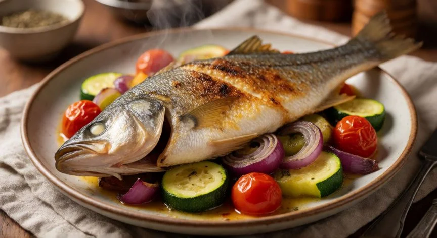 como hacer rodaballo al horno, Rodaballo al horno dorado sobre cama de verduras asadas