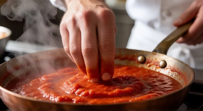 Preparación de una reducción de tomate rojo intenso en sartén de cobre