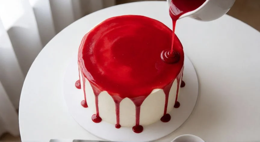 como hacer rojo, Bizcocho blanco con glaseado rojo de frambuesa cayendo en espiral