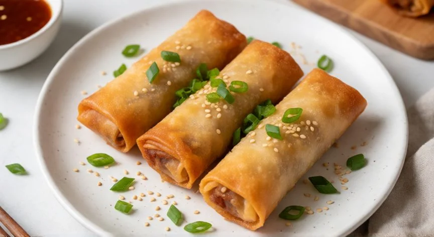 como hacer rollitos de primavera, Rollitos de primavera fritos dorados servidos en un plato con salsa