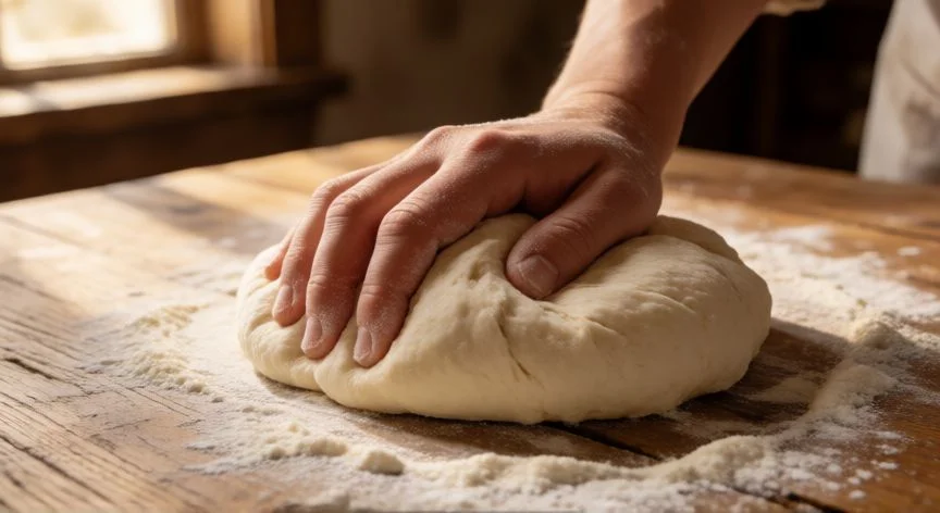 Manos amasando masa de rosquillas sobre mesa de madera