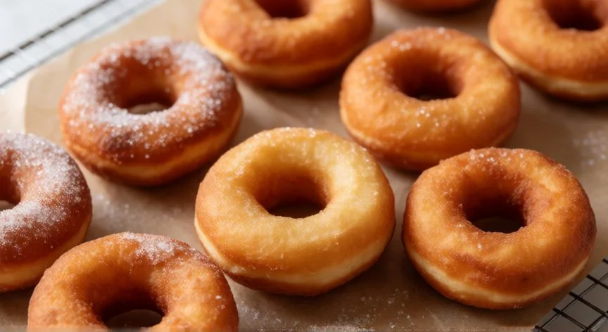 como hacer rosquillas caseras fáciles, Rosquillas caseras doradas enfriándose en rejilla