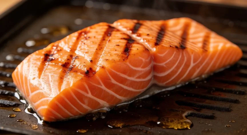 Salmón fresco dorándose en la plancha con marcas de parrilla