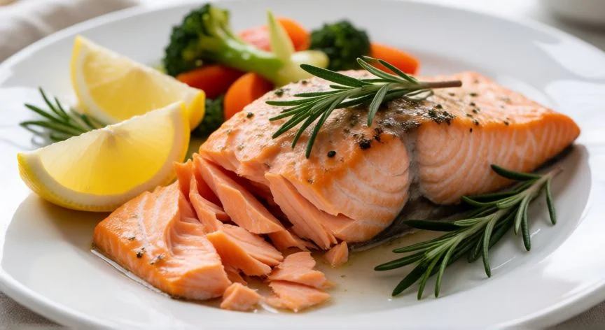 como hacer salmon a la plancha, Salmón a la plancha servido con limón y romero