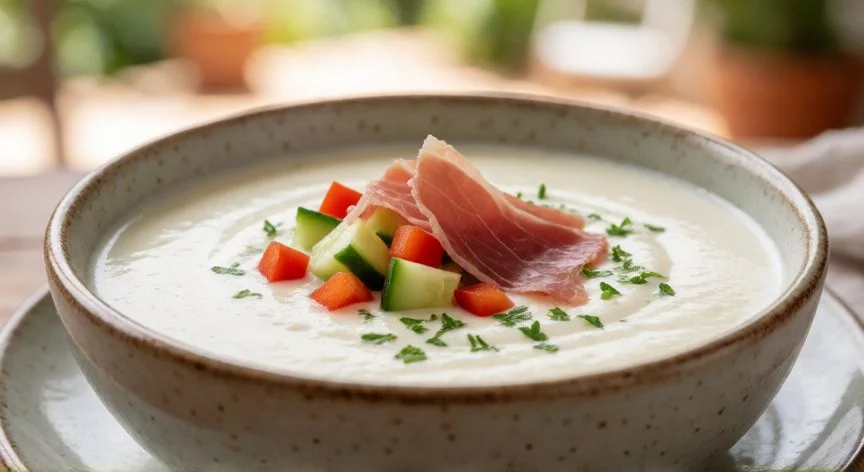 como hacer salmorejo, Bowl de salmorejo cremoso decorado con dados de pepino y jamón