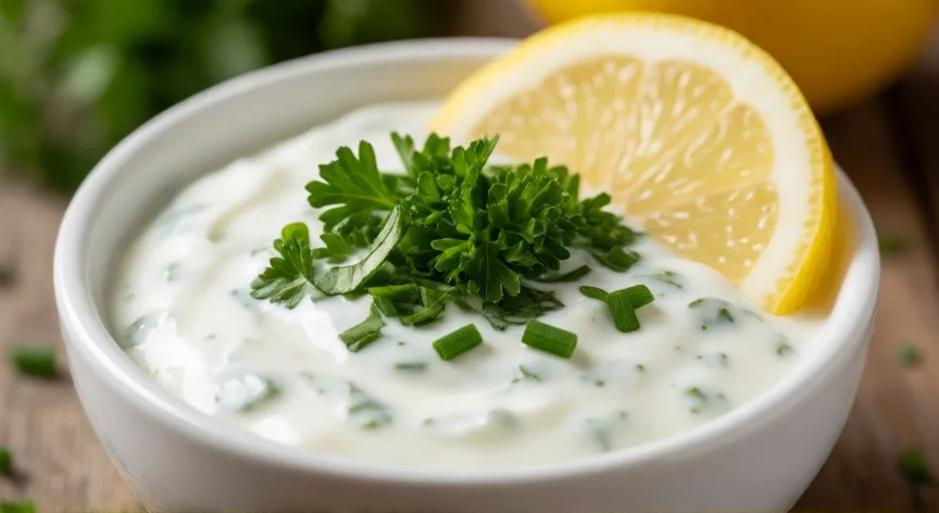 Bowl de salsa de yogur fresca con hierbas aromáticas y limón