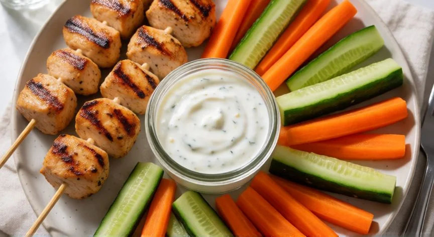 como hacer salsa de yogur, Brochetas de pollo asado con bastones de verduras y salsa de yogur