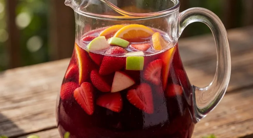 como hacer sangria, Jarra de cristal con sangría roja tradicional y trozos de fruta