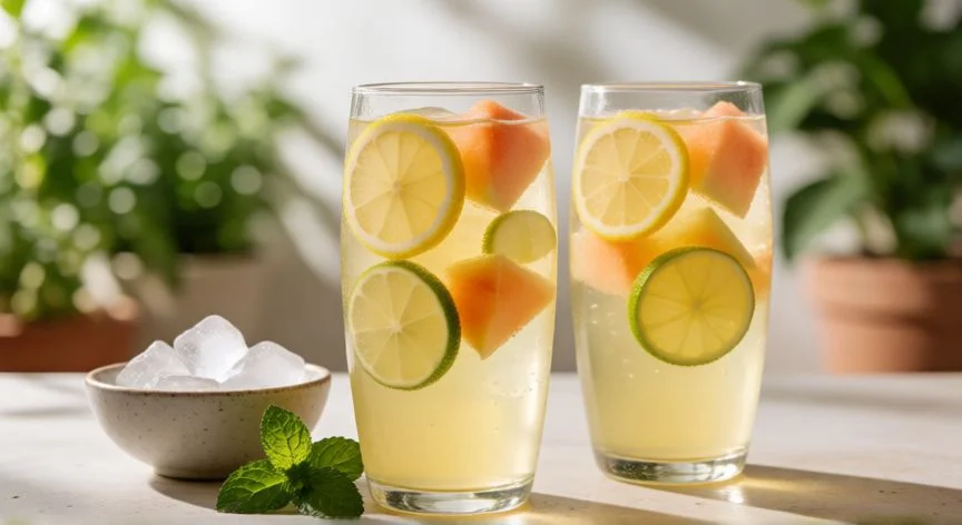 como hacer sangria, Vasos de sangría blanca con cítricos y hielo en un entorno veraniego