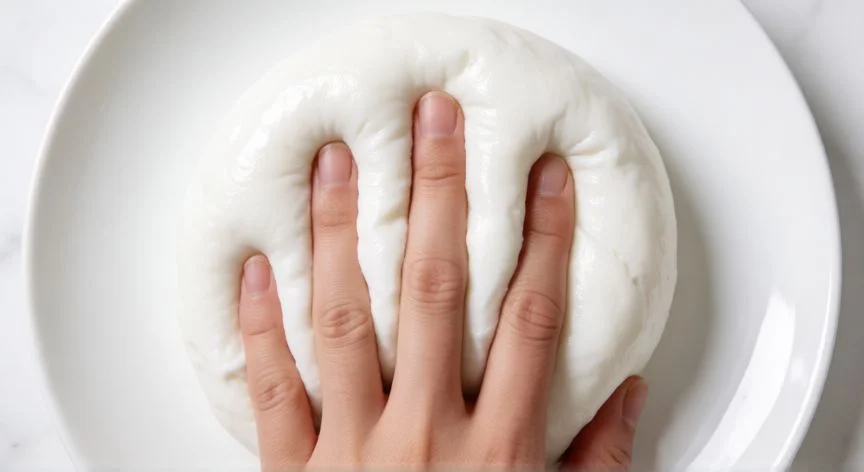 cómo hacer slime, Manos amasando una bola de slime blanca con textura suave y brillante