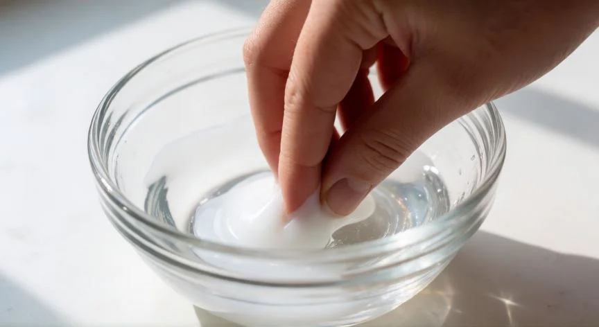 Manos amasando slime casero verde con cola blanca y bicarbonato en la mesa