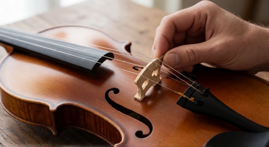 como hacer sonar un violin nuevo, Ajuste preciso del puente de un violín nuevo por un luthier
