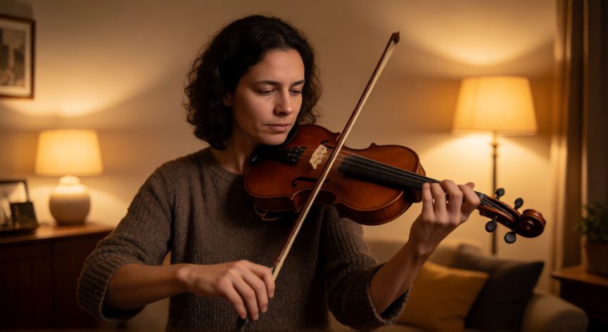 como hacer sonar un violin nuevo, Músico tocando un violín nuevo en un ambiente cálido
