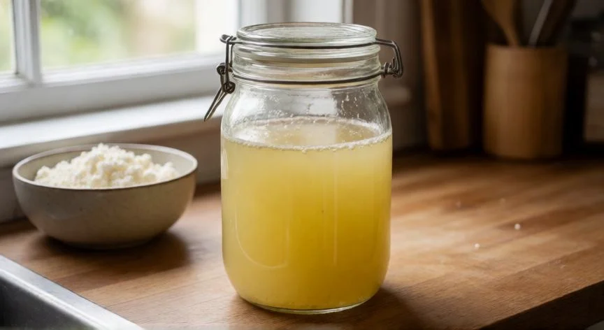 Tarro de vidrio con suero de leche casero recién preparado sobre encimera de cocina