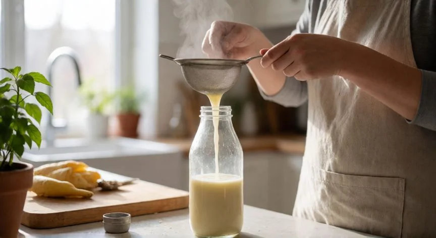 como hacer suero casero, Persona colando suero de leche en una cocina con luz natural