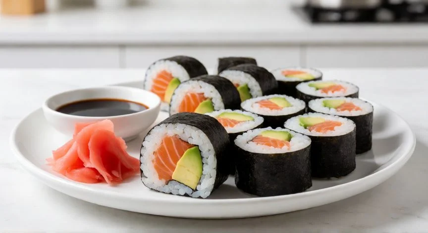 como hacer sushi, Plato de sushi casero recién preparado con salmón y aguacate
