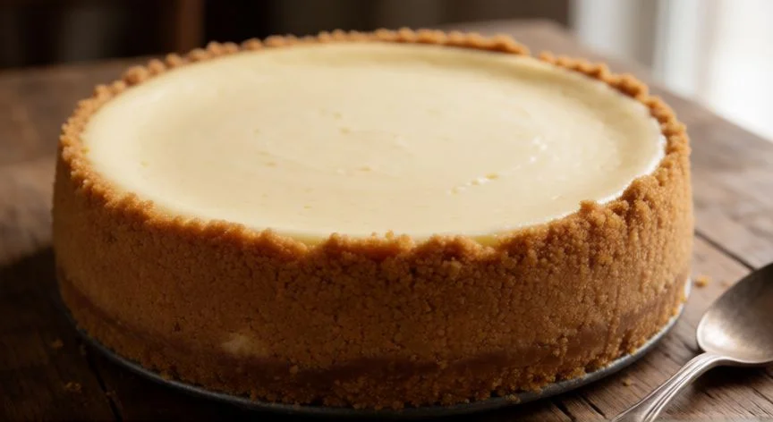 Tarta de queso cremosa con base de galletas sobre mesa de madera
