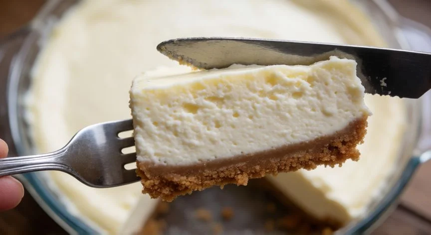 como hacer tarta de queso, Porción de tarta de queso mostrando su interior cremoso y base crujiente