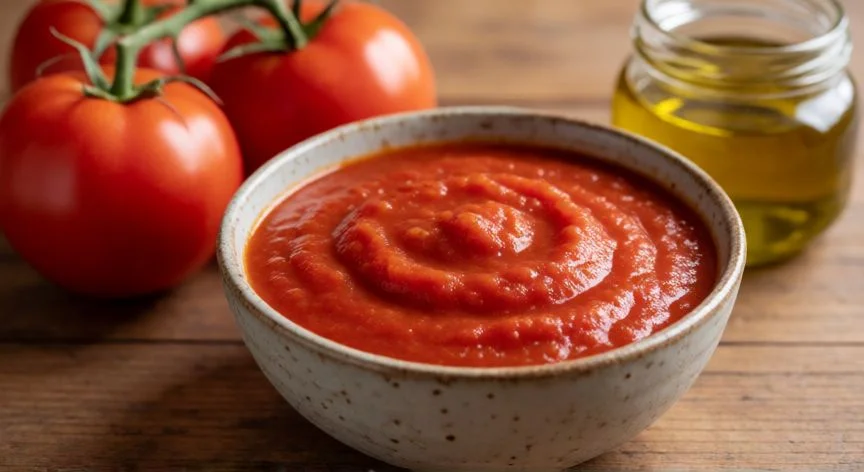 Bol de tomate frito casero con textura espesa y tomates frescos al lado