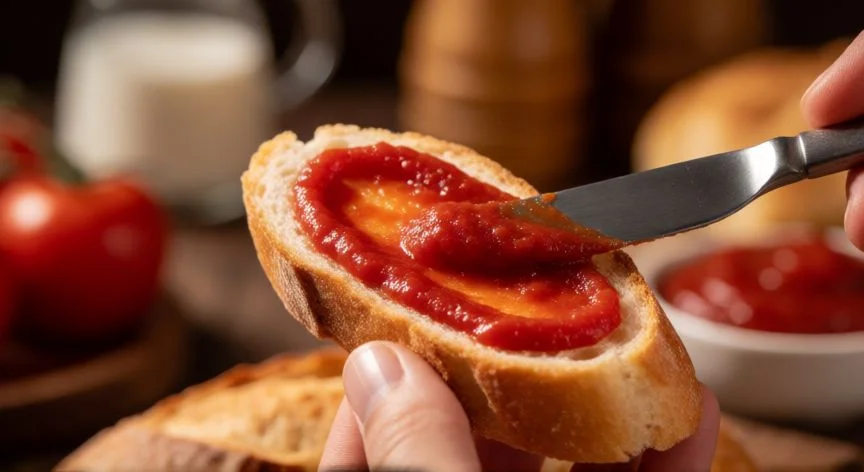 como hacer tomate frito casero, Rebanada de pan untando tomate frito casero con cuchillo