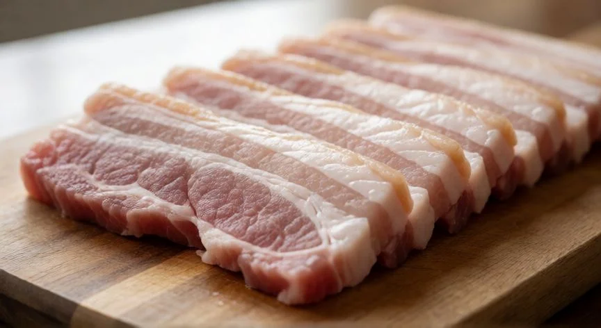 Láminas crudas de piel de cerdo listas para freír sobre tabla de madera