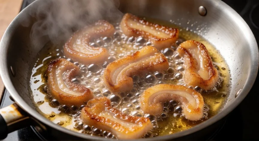 como hacer torreznos, Torreznos dorándose en aceite caliente en una sartén de acero inoxidable