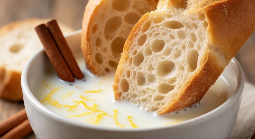 Rebanadas de pan de bar bebiendo leche infusionada con canela y limón para hacer torrijas