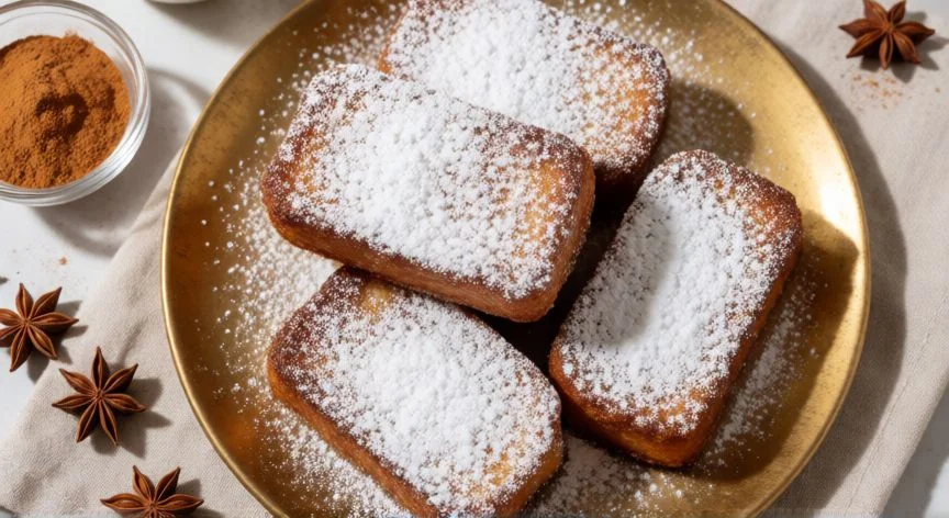 como hacer torrijas, Plato de torrijas caseras doradas y crujientes espolvoreadas con azúcar glasé