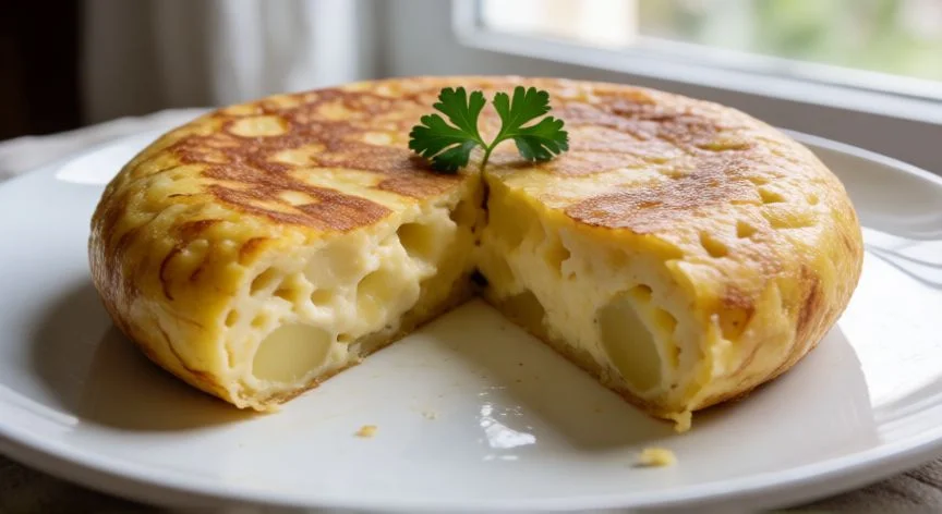 como hacer tortilla de patatas, Tortilla española recién hecha con corteza dorada y interior cremoso servida en un plato blanco