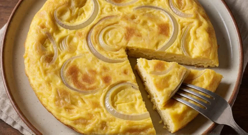 como hacer tortilla de patatas con cebolla, Tortilla de patatas con cebolla recién hecha en plato