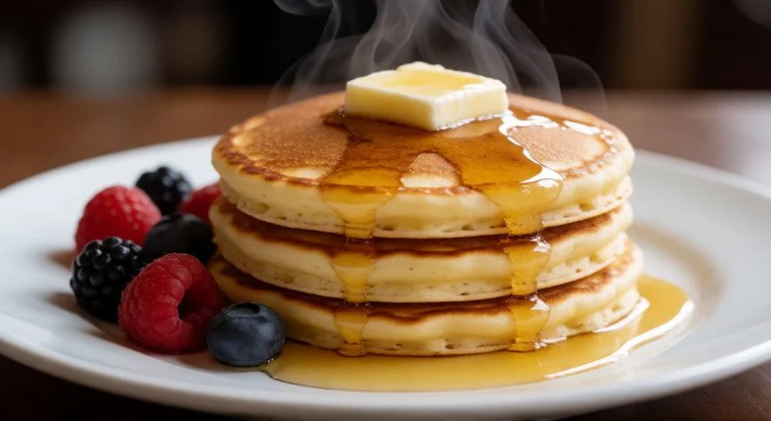 como hacer tortitas, Pila de tortitas esponjosas con mantequilla y miel servidas