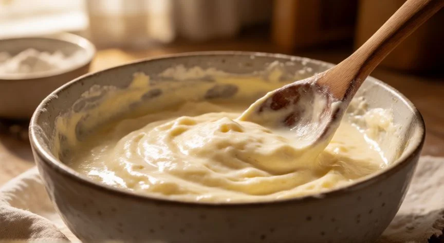 Preparación de la masa para tortitas caseras con ingredientes frescos en un bol