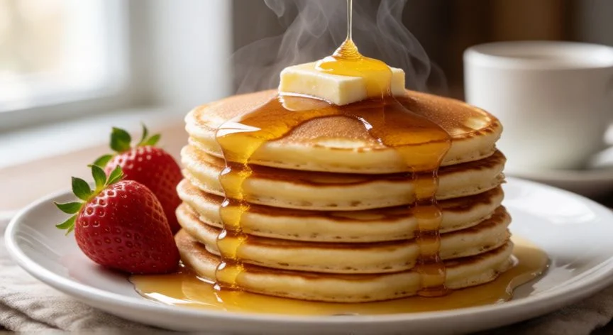 como hacer tortitas caseras, Pila de tortitas caseras doradas con mantequilla y miel servidas en un plato